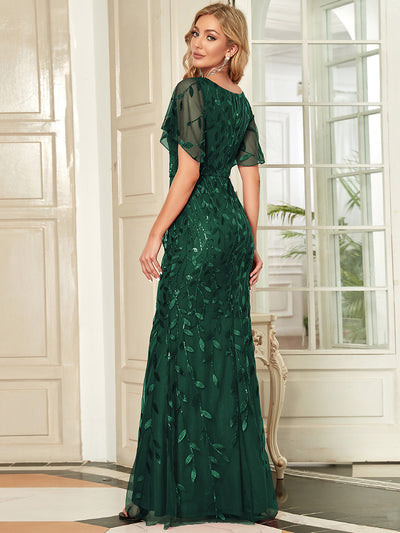 Bodenlanger Meerjungfrau Pailletten Kleid Mit Tiefem V-Ausschnitt Und Blumenmuster Elegantes Abendkleid #Farbe_Dunkelgrün