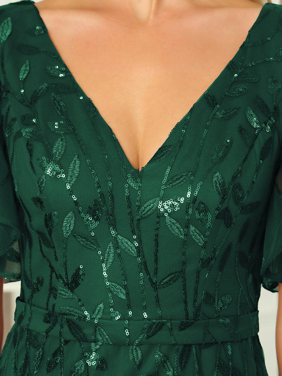 Bodenlanger Meerjungfrau Pailletten Kleid Mit Tiefem V-Ausschnitt Und Blumenmuster Elegantes Abendkleid #Farbe_Dunkelgrün