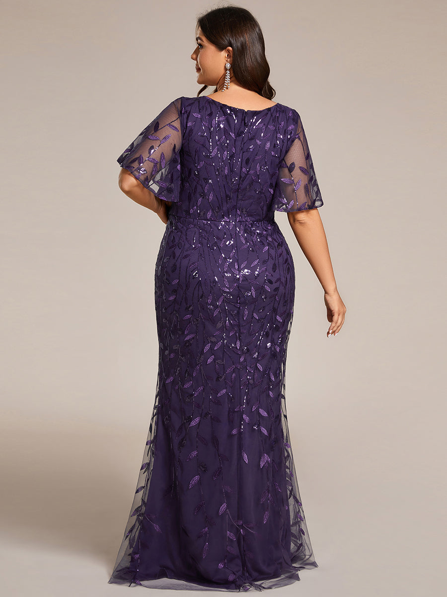 Bodenlanger Meerjungfrau Pailletten Kleid Mit Tiefem V-Ausschnitt Und Blumenmuster Elegantes Abendkleid #Farbe_Dunkelviolett