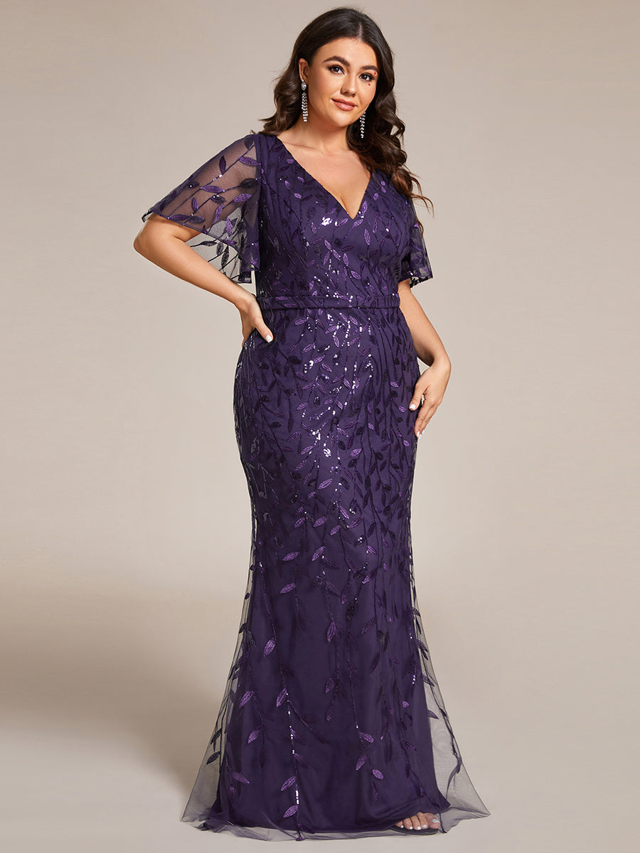 Bodenlanger Meerjungfrau Pailletten Kleid Mit Tiefem V-Ausschnitt Und Blumenmuster Elegantes Abendkleid #Farbe_Dunkelviolett