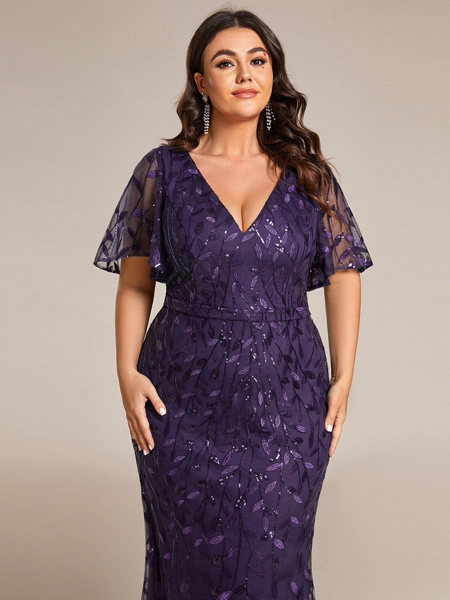 Bodenlanger Meerjungfrau Pailletten Kleid Mit Tiefem V-Ausschnitt Und Blumenmuster Elegantes Abendkleid #Farbe_Dunkelviolett