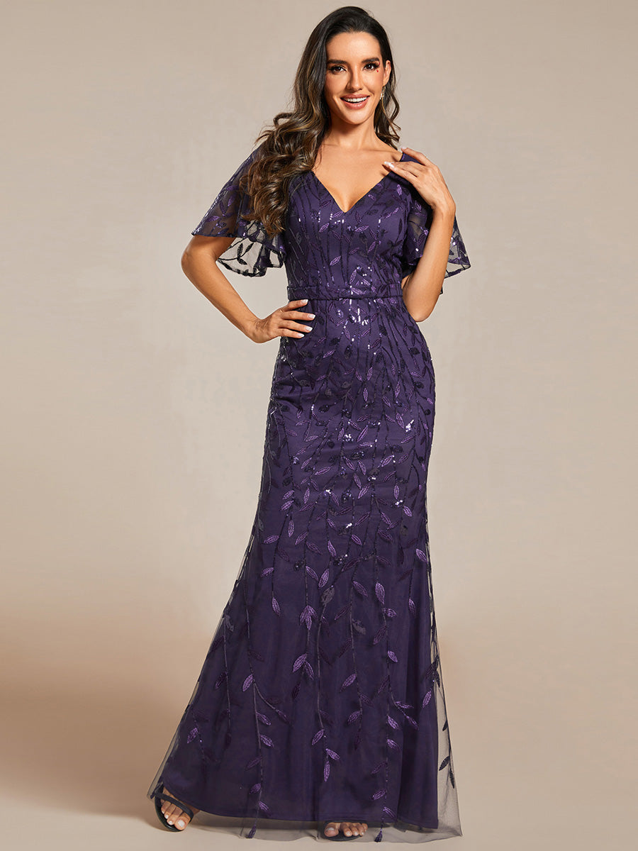 Bodenlanger Meerjungfrau Pailletten Kleid Mit Tiefem V-Ausschnitt Und Blumenmuster Elegantes Abendkleid #Farbe_Dunkelviolett