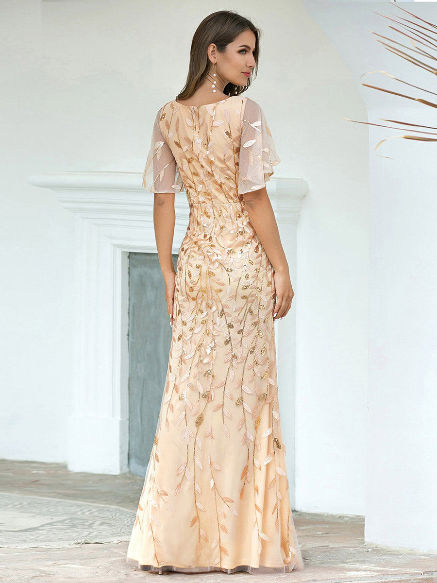 Bodenlanger Meerjungfrau Pailletten Kleid Mit Tiefem V-Ausschnitt Und Blumenmuster Elegantes Abendkleid #Farbe_Gold