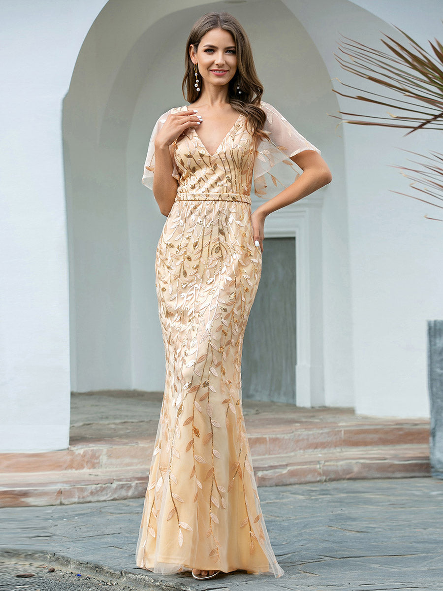 Bodenlanger Meerjungfrau Pailletten Kleid Mit Tiefem V-Ausschnitt Und Blumenmuster Elegantes Abendkleid #Farbe_Gold
