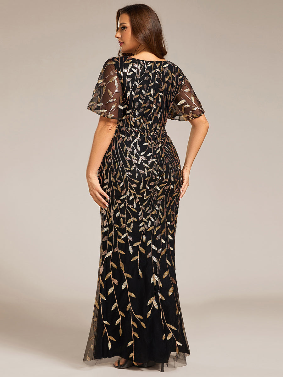 Bodenlanger Meerjungfrau Pailletten Kleid Mit Tiefem V-Ausschnitt Und Blumenmuster Elegantes Abendkleid #Farbe_Schwarz & Gold