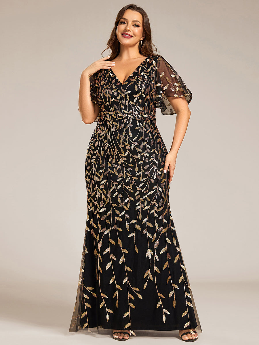 Bodenlanger Meerjungfrau Pailletten Kleid Mit Tiefem V-Ausschnitt Und Blumenmuster Elegantes Abendkleid #Farbe_Schwarz & Gold