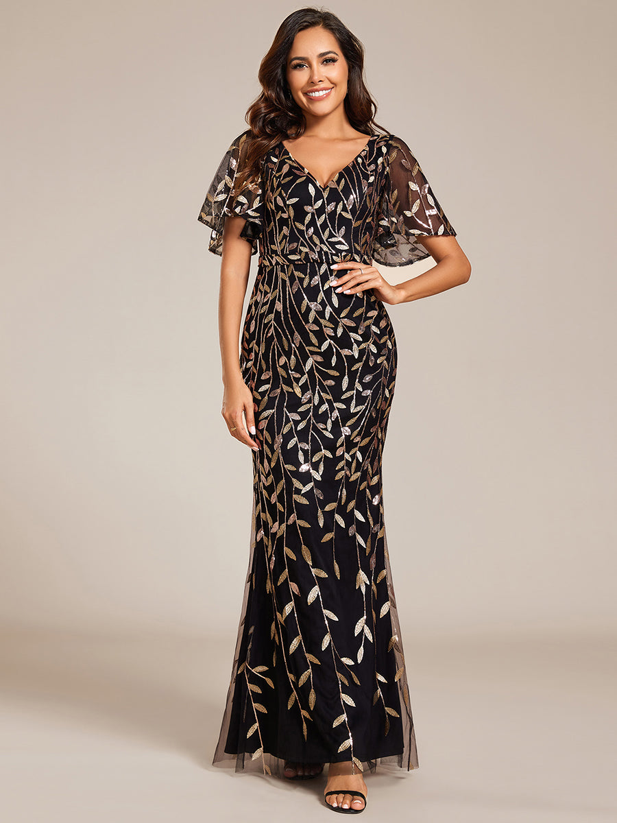 Bodenlanger Meerjungfrau Pailletten Kleid Mit Tiefem V-Ausschnitt Und Blumenmuster Elegantes Abendkleid #Farbe_Schwarz & Gold