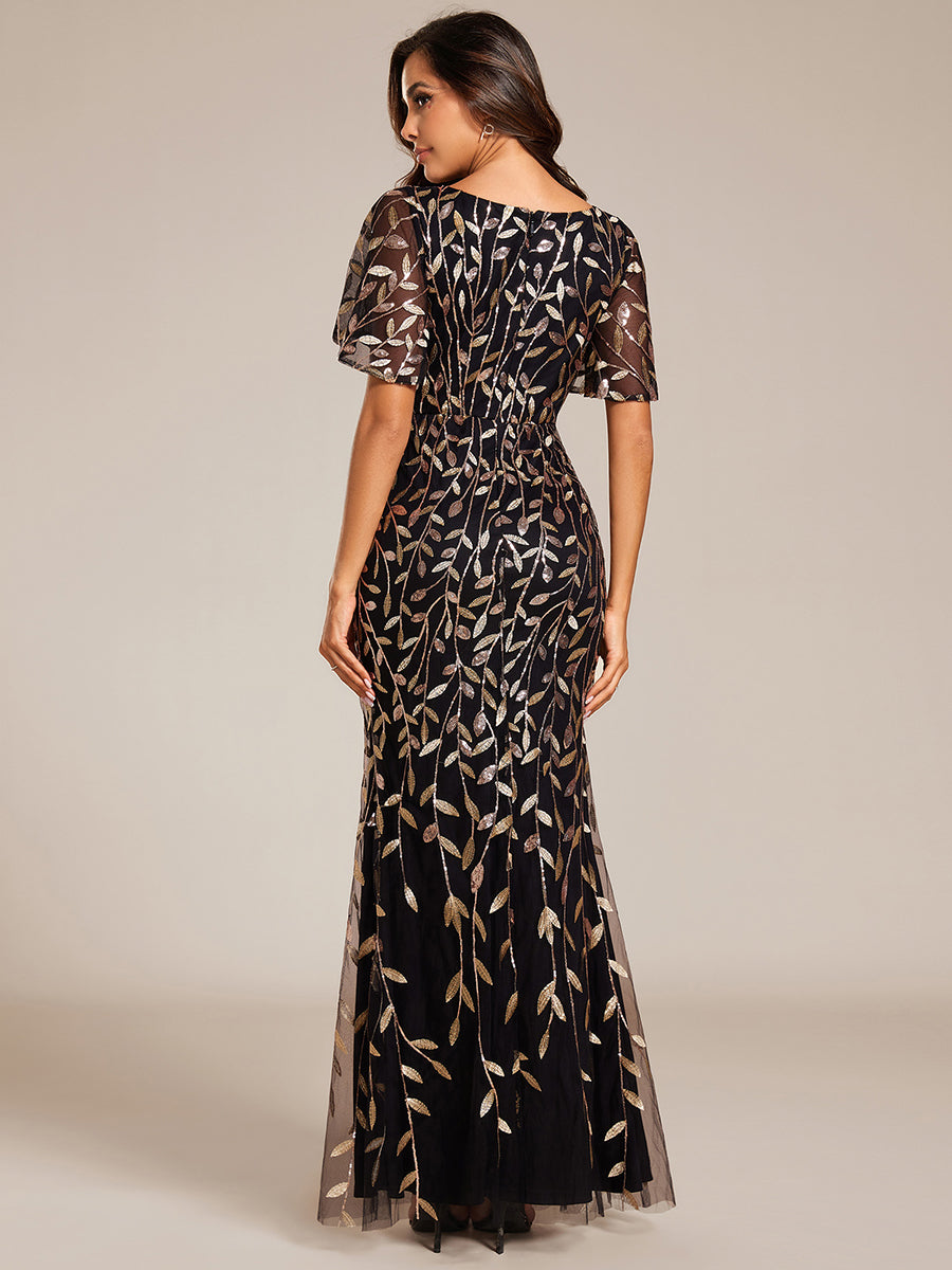 Bodenlanger Meerjungfrau Pailletten Kleid Mit Tiefem V-Ausschnitt Und Blumenmuster Elegantes Abendkleid #Farbe_Schwarz & Gold