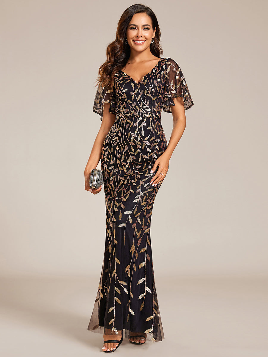 Bodenlanger Meerjungfrau Pailletten Kleid Mit Tiefem V-Ausschnitt Und Blumenmuster Elegantes Abendkleid #Farbe_Schwarz & Gold