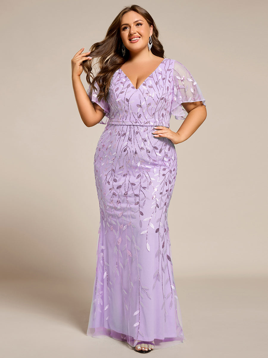 Bodenlanger Meerjungfrau Pailletten Kleid Mit Tiefem V-Ausschnitt Und Blumenmuster Elegantes Abendkleid #Farbe_Lavendel