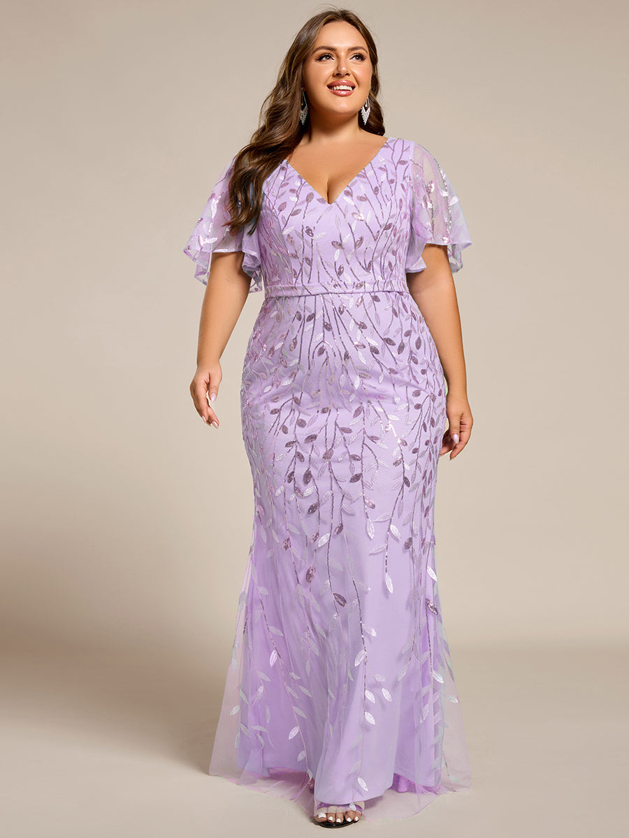 Bodenlanger Meerjungfrau Pailletten Kleid Mit Tiefem V-Ausschnitt Und Blumenmuster Elegantes Abendkleid #Farbe_Lavendel