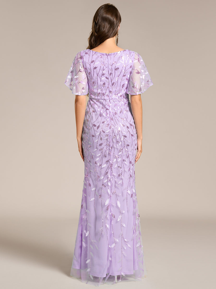 Bodenlanger Meerjungfrau Pailletten Kleid Mit Tiefem V-Ausschnitt Und Blumenmuster Elegantes Abendkleid #Farbe_Lavendel