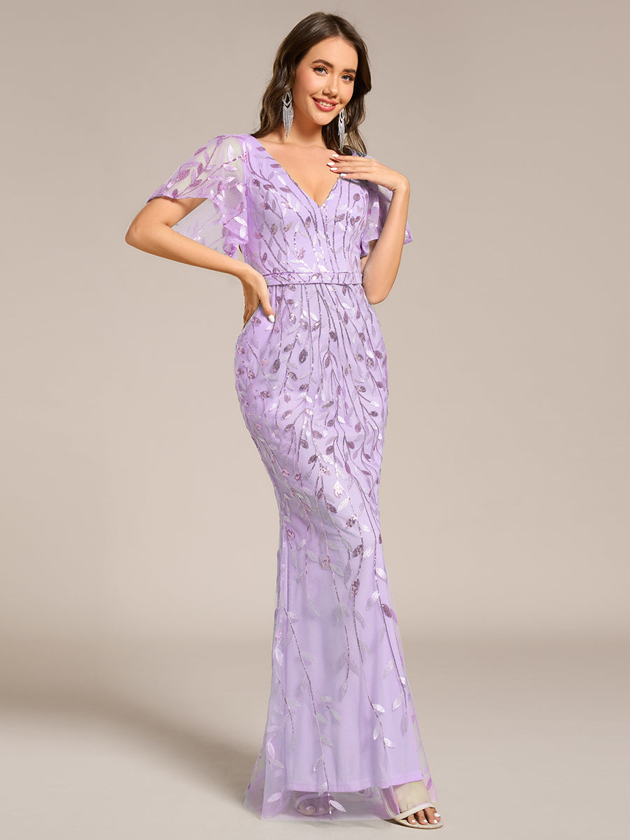 Bodenlanger Meerjungfrau Pailletten Kleid Mit Tiefem V-Ausschnitt Und Blumenmuster Elegantes Abendkleid #Farbe_Lavendel