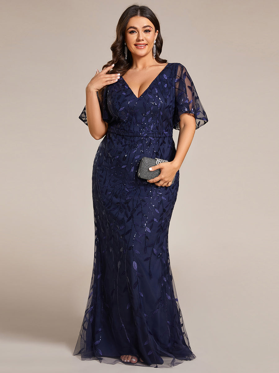 Bodenlanger Meerjungfrau Pailletten Kleid Mit Tiefem V-Ausschnitt Und Blumenmuster Elegantes Abendkleid #Farbe_Marineblau