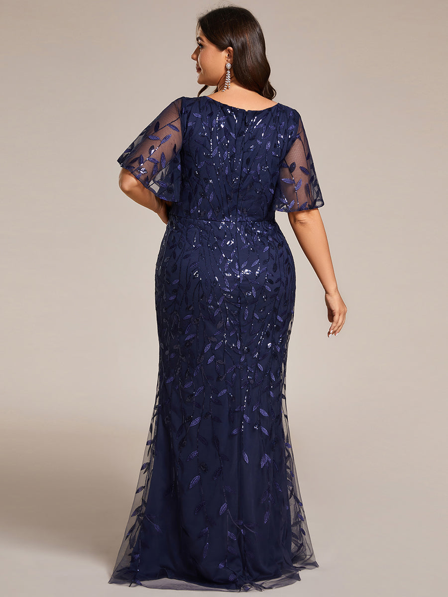 Bodenlanger Meerjungfrau Pailletten Kleid Mit Tiefem V-Ausschnitt Und Blumenmuster Elegantes Abendkleid #Farbe_Marineblau