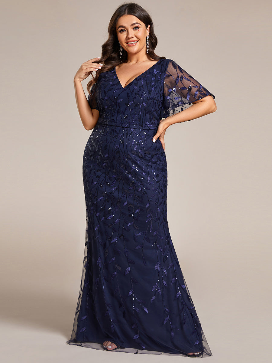 Bodenlanger Meerjungfrau Pailletten Kleid Mit Tiefem V-Ausschnitt Und Blumenmuster Elegantes Abendkleid #Farbe_Marineblau
