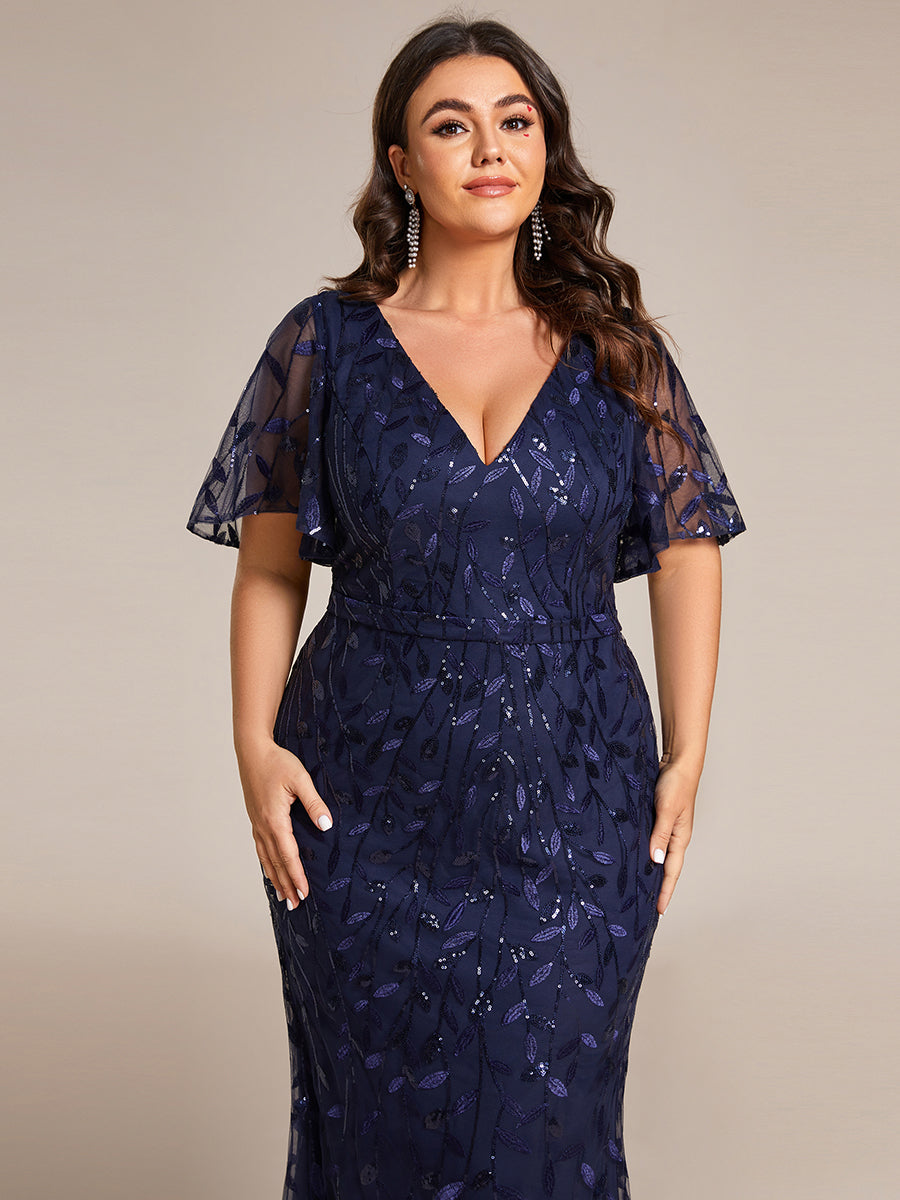 Bodenlanger Meerjungfrau Pailletten Kleid Mit Tiefem V-Ausschnitt Und Blumenmuster Elegantes Abendkleid #Farbe_Marineblau