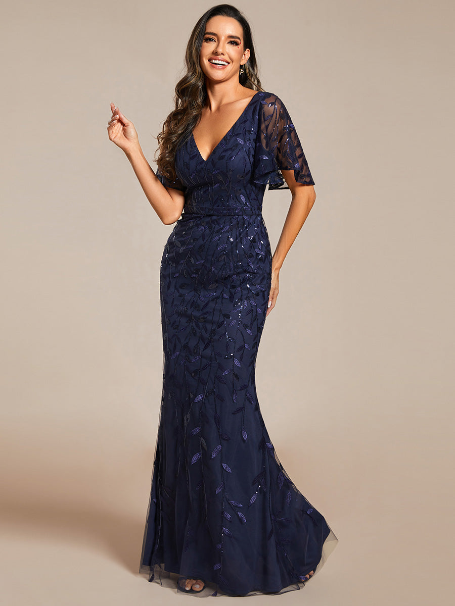 Bodenlanger Meerjungfrau Pailletten Kleid Mit Tiefem V-Ausschnitt Und Blumenmuster Elegantes Abendkleid #Farbe_Marineblau