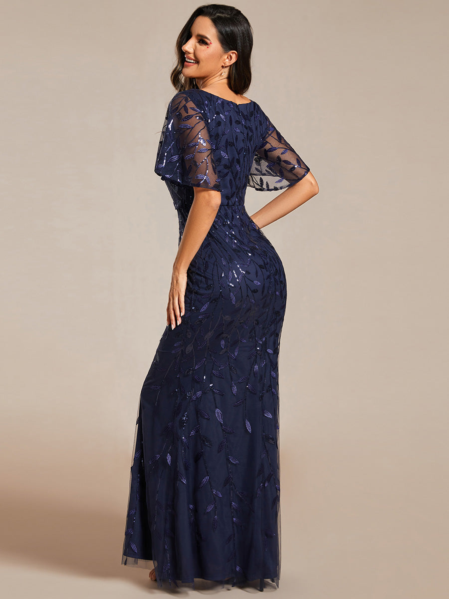 Bodenlanger Meerjungfrau Pailletten Kleid Mit Tiefem V-Ausschnitt Und Blumenmuster Elegantes Abendkleid #Farbe_Marineblau