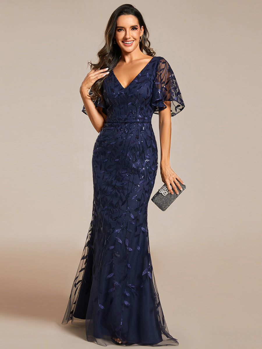 Bodenlanger Meerjungfrau Pailletten Kleid Mit Tiefem V-Ausschnitt Und Blumenmuster Elegantes Abendkleid #Farbe_Marineblau
