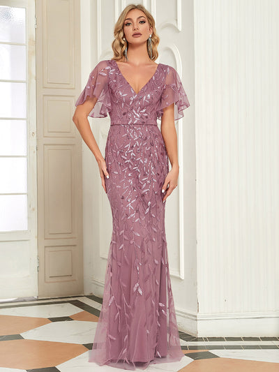 Bodenlanger Meerjungfrau Pailletten Kleid Mit Tiefem V-Ausschnitt Und Blumenmuster Elegantes Abendkleid #Farbe_Orchideenviolett