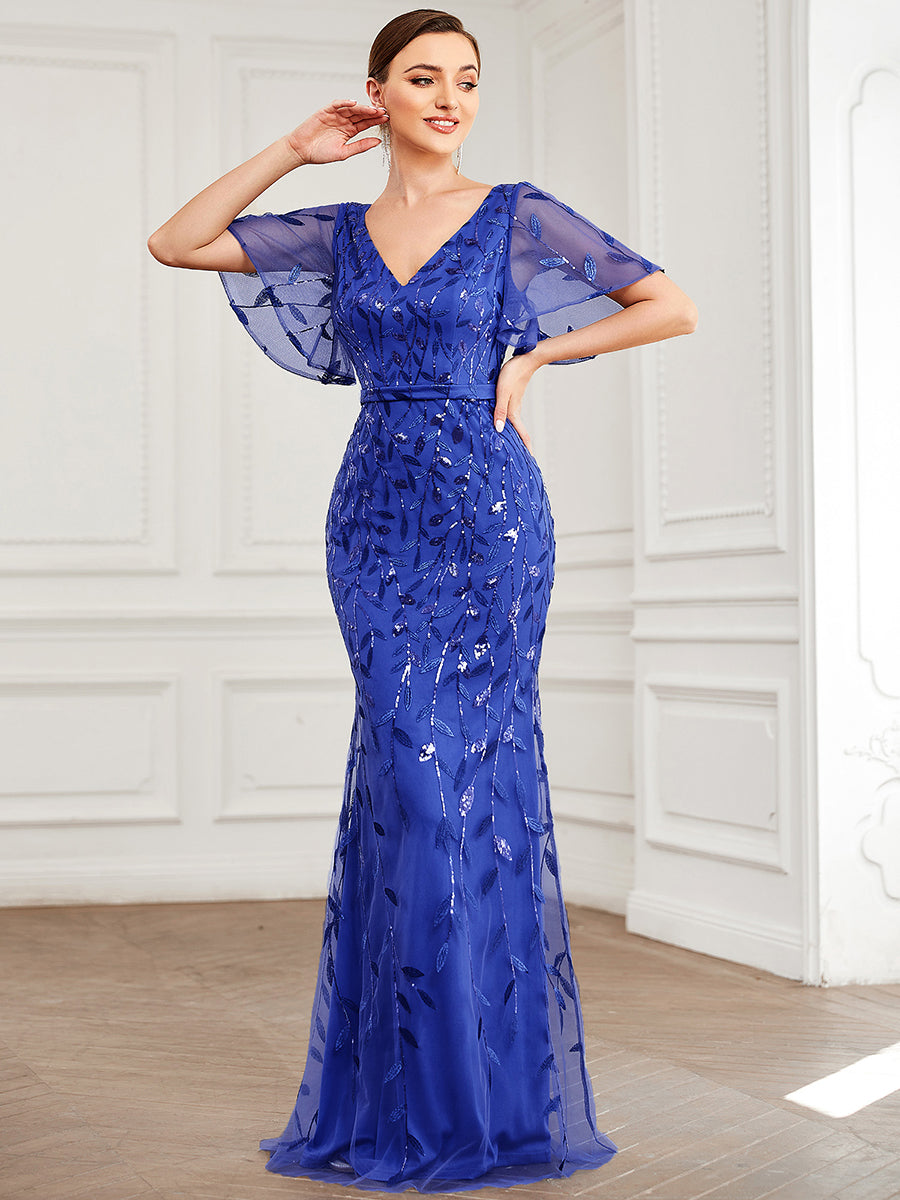 Bodenlanger Meerjungfrau Pailletten Kleid Mit Tiefem V-Ausschnitt Und Blumenmuster Elegantes Abendkleid #Farbe_Saphirblau