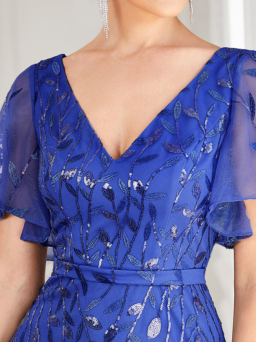 Bodenlanger Meerjungfrau Pailletten Kleid Mit Tiefem V-Ausschnitt Und Blumenmuster Elegantes Abendkleid #Farbe_Saphirblau