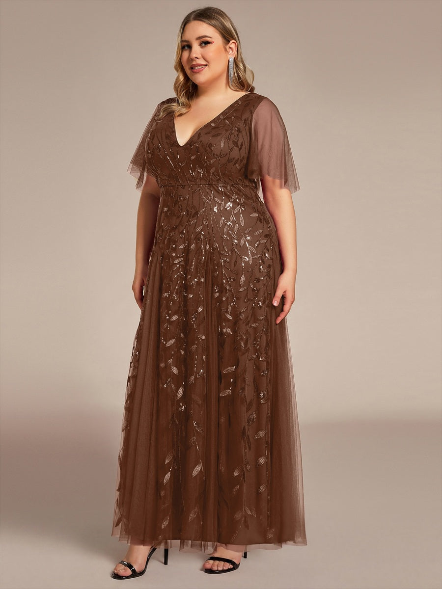 Bodenlanger V-Ausschnitt A-Linie Pailletten Kleid Mit Tiefem V-Ausschnitt Und Funkelnden Details #Farbe_Braun