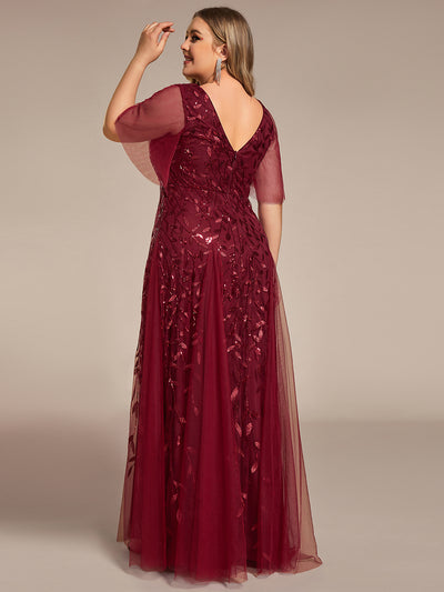 Bodenlanger V-Ausschnitt A-Linie Pailletten Kleid Mit Tiefem V-Ausschnitt Und Funkelnden Details #Farbe_Burgunderrot