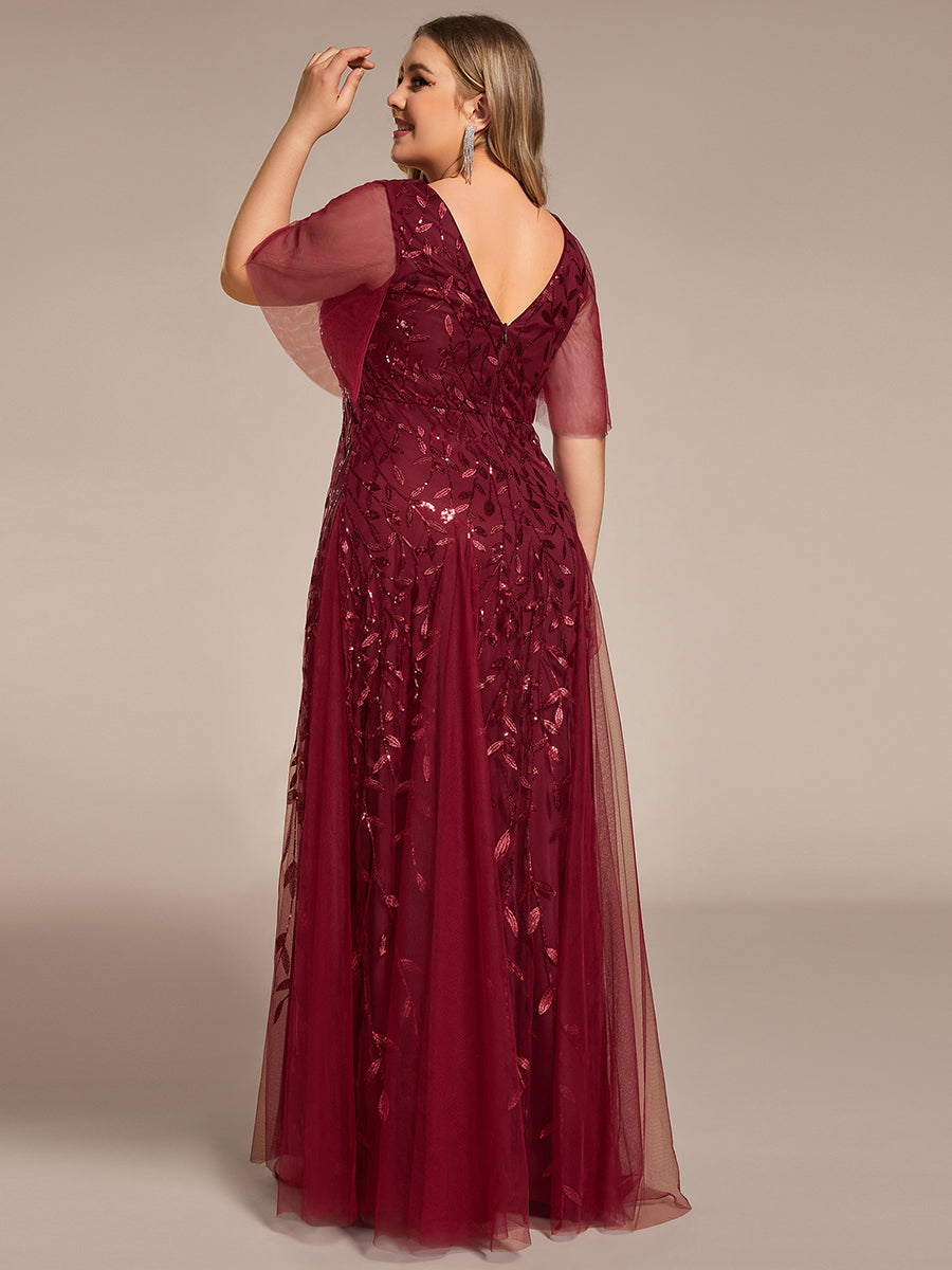 Bodenlanger V-Ausschnitt A-Linie Pailletten Kleid Mit Tiefem V-Ausschnitt Und Funkelnden Details #Farbe_Burgunderrot