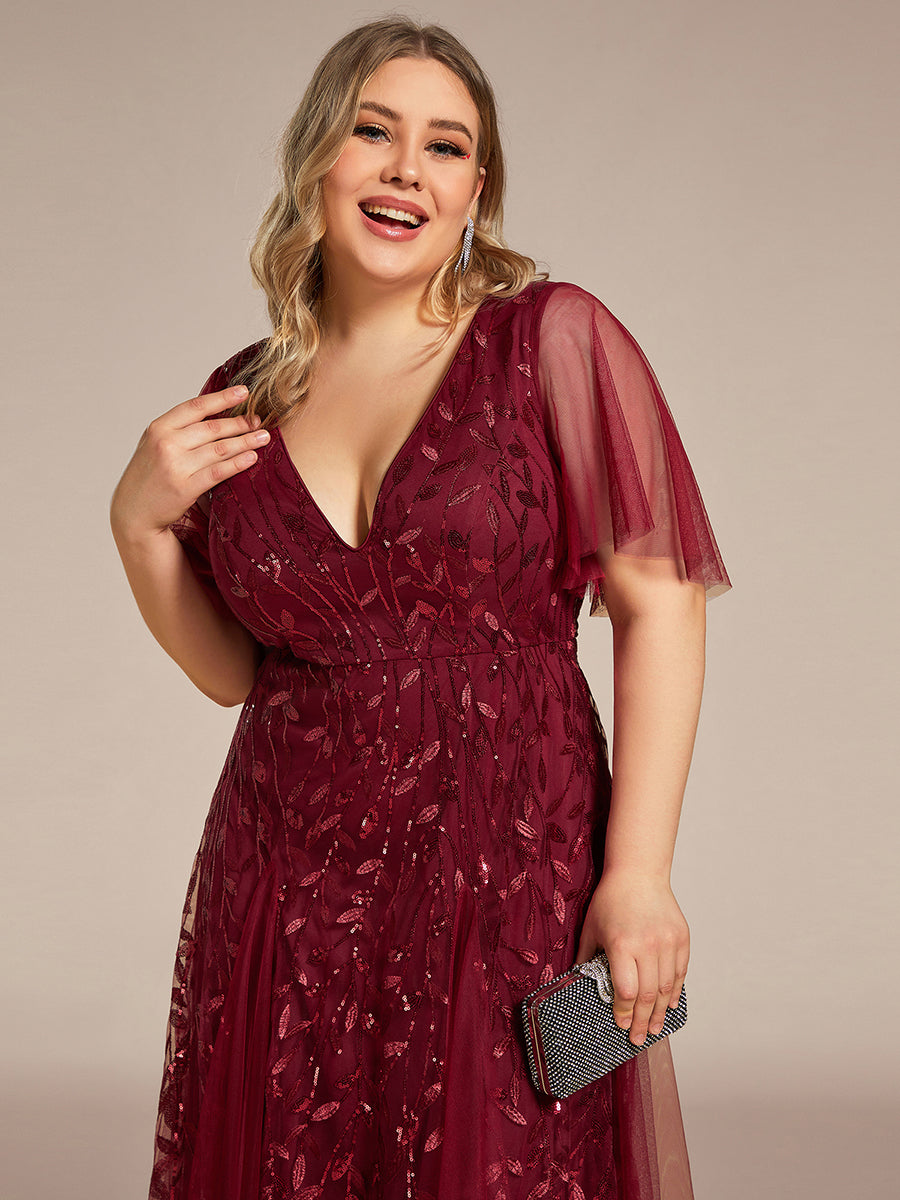 Bodenlanger V-Ausschnitt A-Linie Pailletten Kleid Mit Tiefem V-Ausschnitt Und Funkelnden Details #Farbe_Burgunderrot