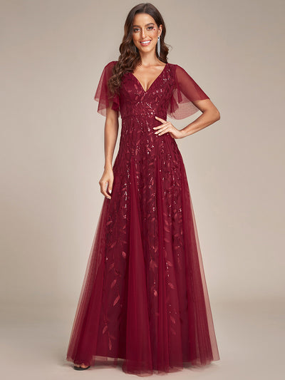 Bodenlanger V-Ausschnitt A-Linie Pailletten Kleid Mit Tiefem V-Ausschnitt Und Funkelnden Details #Farbe_Burgunderrot