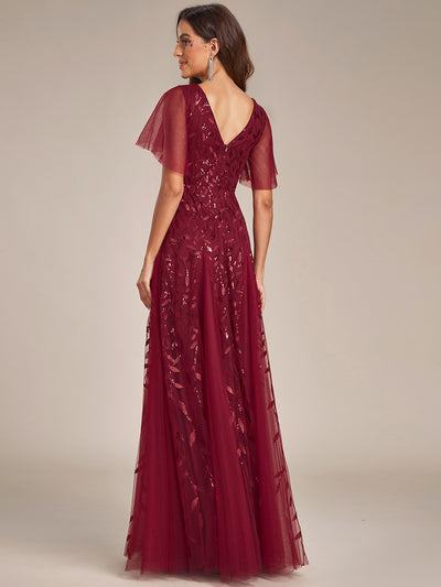 Bodenlanger V-Ausschnitt A-Linie Pailletten Kleid Mit Tiefem V-Ausschnitt Und Funkelnden Details #Farbe_Burgunderrot