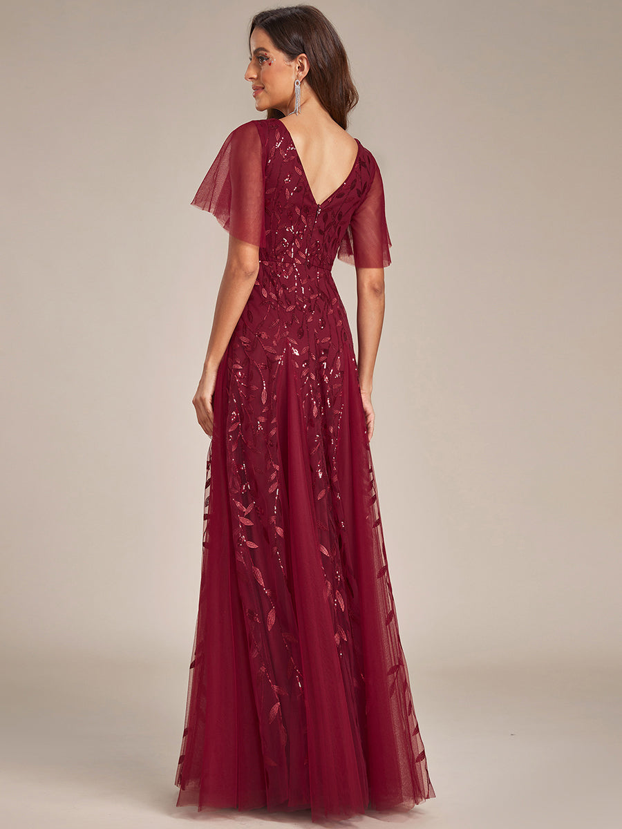Bodenlanger V-Ausschnitt A-Linie Pailletten Kleid Mit Tiefem V-Ausschnitt Und Funkelnden Details #Farbe_Burgunderrot