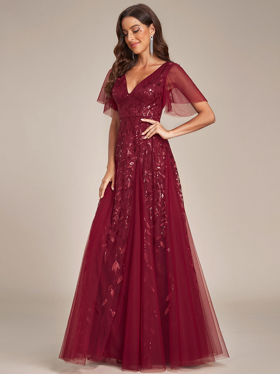Bodenlanger V-Ausschnitt A-Linie Pailletten Kleid Mit Tiefem V-Ausschnitt Und Funkelnden Details #Farbe_Burgunderrot