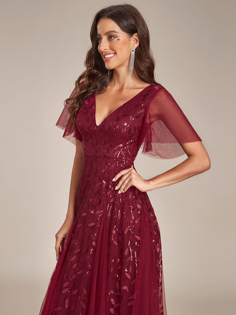 Bodenlanger V-Ausschnitt A-Linie Pailletten Kleid Mit Tiefem V-Ausschnitt Und Funkelnden Details #Farbe_Burgunderrot