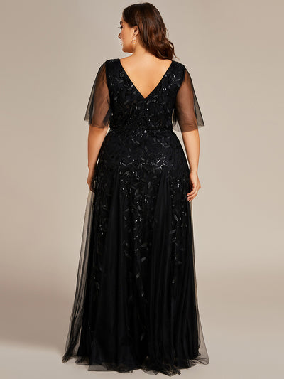 Bodenlanger V-Ausschnitt A-Linie Pailletten Kleid Mit Tiefem V-Ausschnitt Und Funkelnden Details #Farbe_Schwarz
