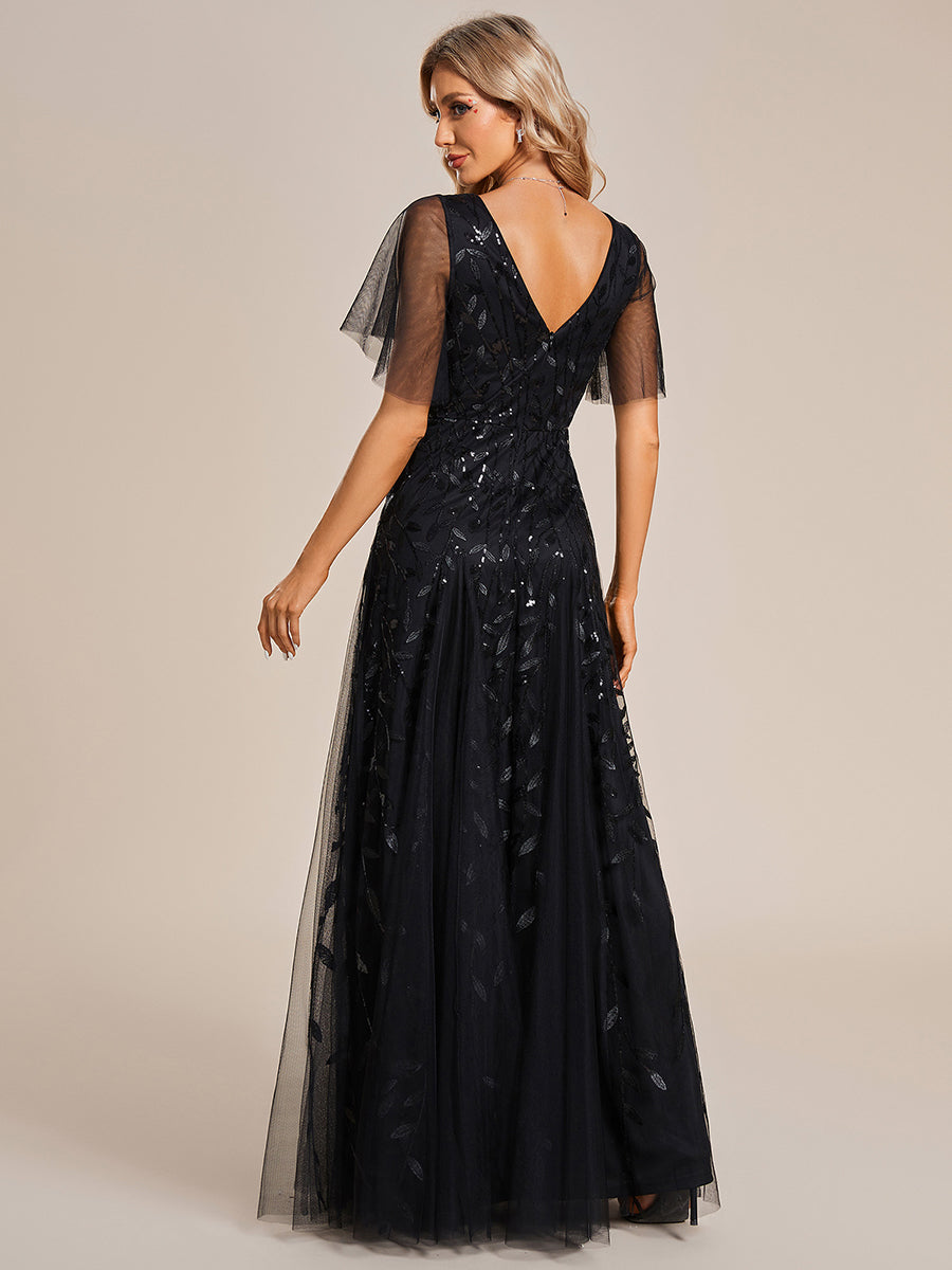 Bodenlanger V-Ausschnitt A-Linie Pailletten Kleid Mit Tiefem V-Ausschnitt Und Funkelnden Details #Farbe_Schwarz