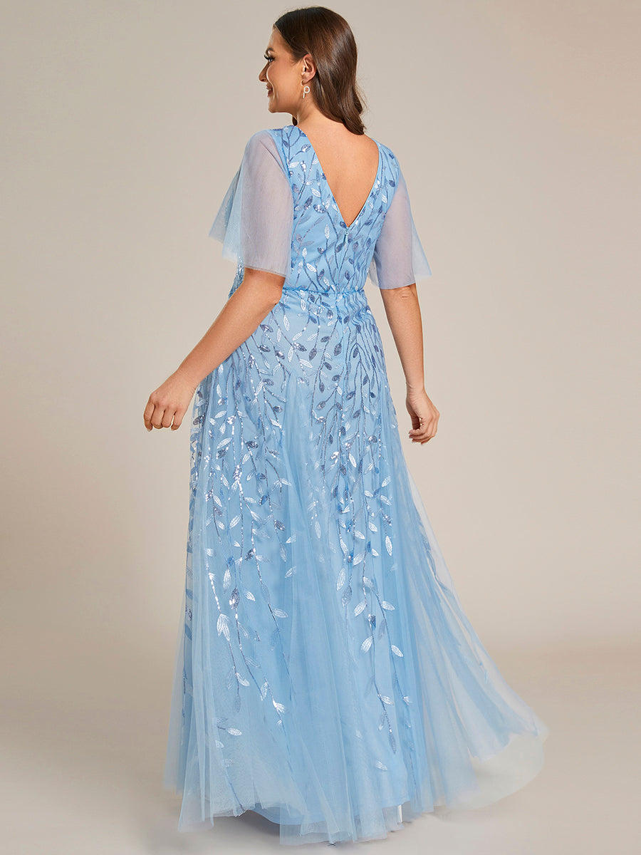 Bodenlanger V-Ausschnitt A-Linie Pailletten Kleid Mit Tiefem V-Ausschnitt Und Funkelnden Details #Farbe_Himmelblau