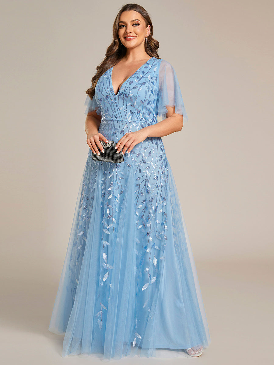 Bodenlanger V-Ausschnitt A-Linie Pailletten Kleid Mit Tiefem V-Ausschnitt Und Funkelnden Details #Farbe_Himmelblau