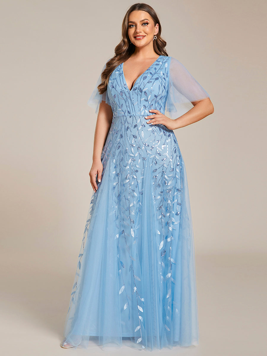 Bodenlanger V-Ausschnitt A-Linie Pailletten Kleid Mit Tiefem V-Ausschnitt Und Funkelnden Details #Farbe_Himmelblau
