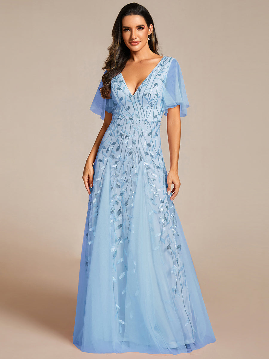 Bodenlanger V-Ausschnitt A-Linie Pailletten Kleid Mit Tiefem V-Ausschnitt Und Funkelnden Details #Farbe_Himmelblau