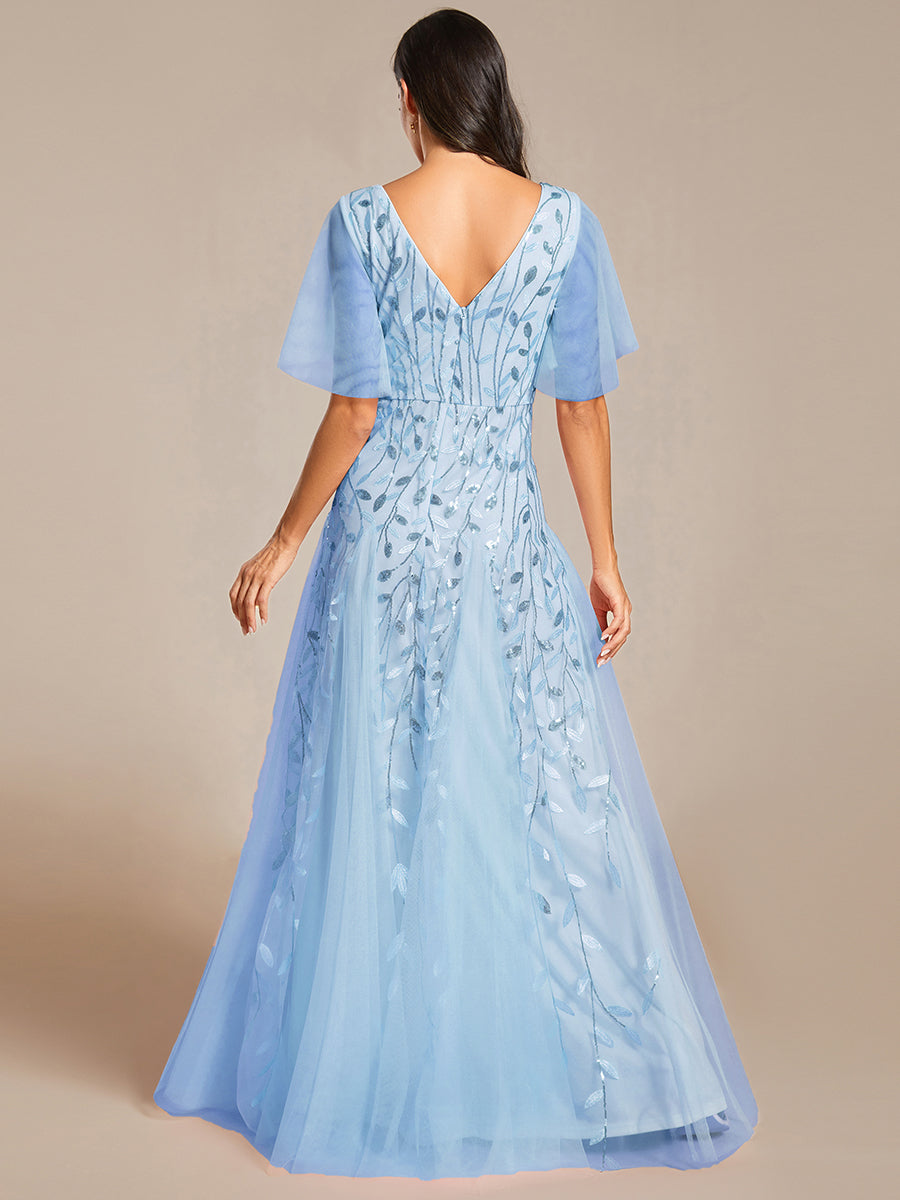 Bodenlanger V-Ausschnitt A-Linie Pailletten Kleid Mit Tiefem V-Ausschnitt Und Funkelnden Details #Farbe_Himmelblau