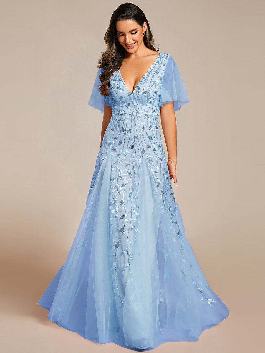 Bodenlanger V-Ausschnitt A-Linie Pailletten Kleid Mit Tiefem V-Ausschnitt Und Funkelnden Details #Farbe_Himmelblau
