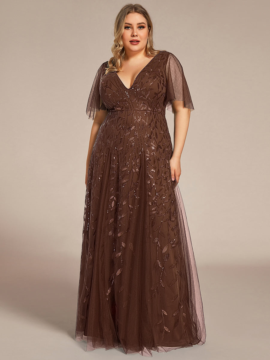 Bodenlanger V-Ausschnitt A-Linie Pailletten Kleid Mit Tiefem V-Ausschnitt Und Funkelnden Details #Farbe_Braun