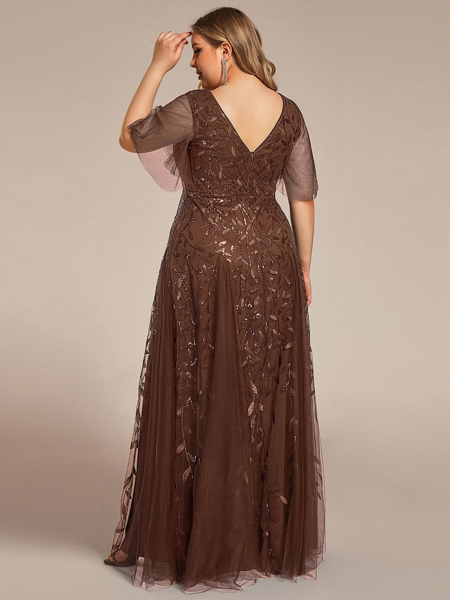 Bodenlanger V-Ausschnitt A-Linie Pailletten Kleid Mit Tiefem V-Ausschnitt Und Funkelnden Details #Farbe_Braun