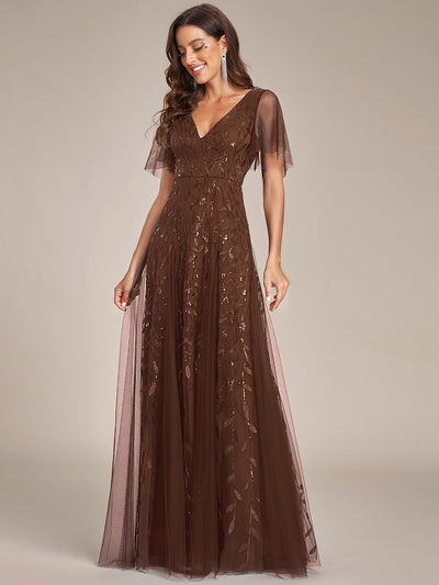 Bodenlanger V-Ausschnitt A-Linie Pailletten Kleid Mit Tiefem V-Ausschnitt Und Funkelnden Details #Farbe_Braun
