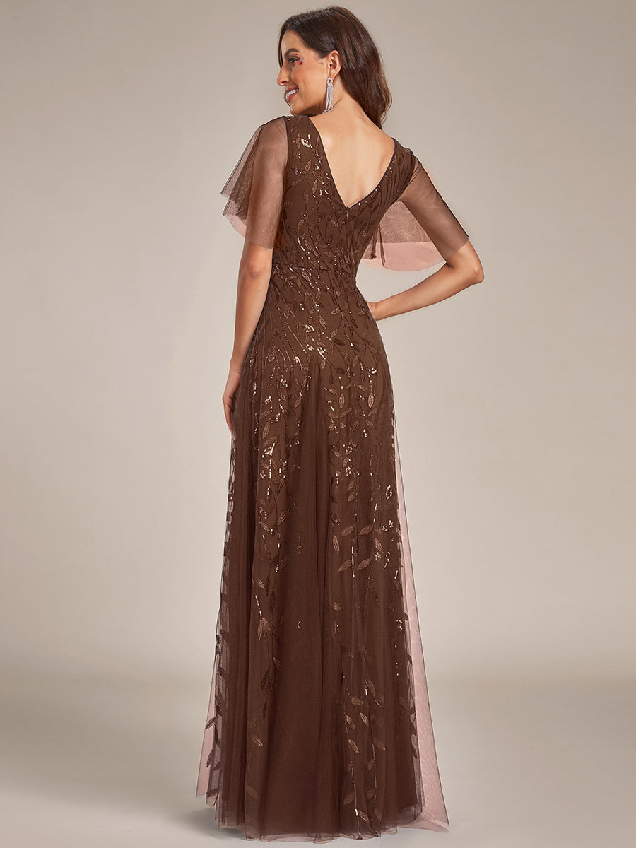 Bodenlanger V-Ausschnitt A-Linie Pailletten Kleid Mit Tiefem V-Ausschnitt Und Funkelnden Details #Farbe_Braun