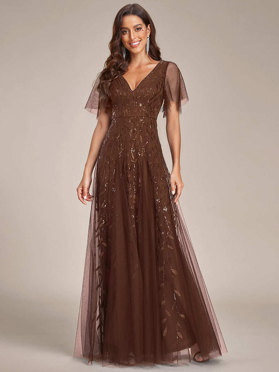 Bodenlanger V-Ausschnitt A-Linie Pailletten Kleid Mit Tiefem V-Ausschnitt Und Funkelnden Details #Farbe_Braun