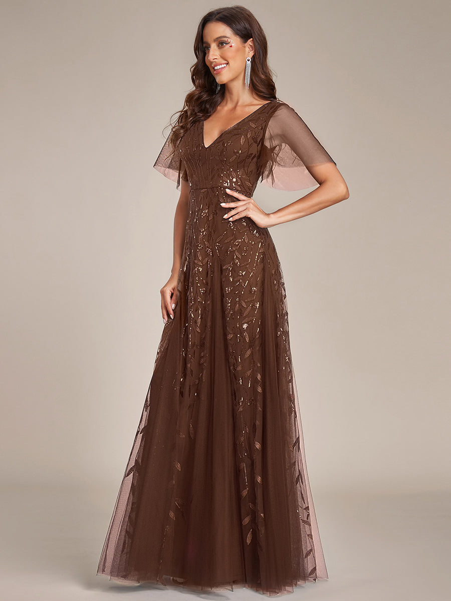 Bodenlanger V-Ausschnitt A-Linie Pailletten Kleid Mit Tiefem V-Ausschnitt Und Funkelnden Details #Farbe_Braun
